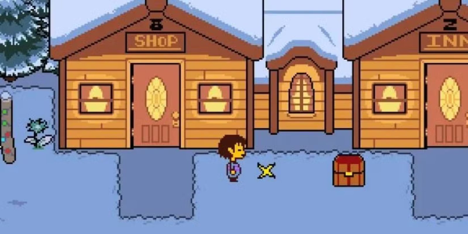 انطلق خارج متجر ونزل Snowdin في Undertale.