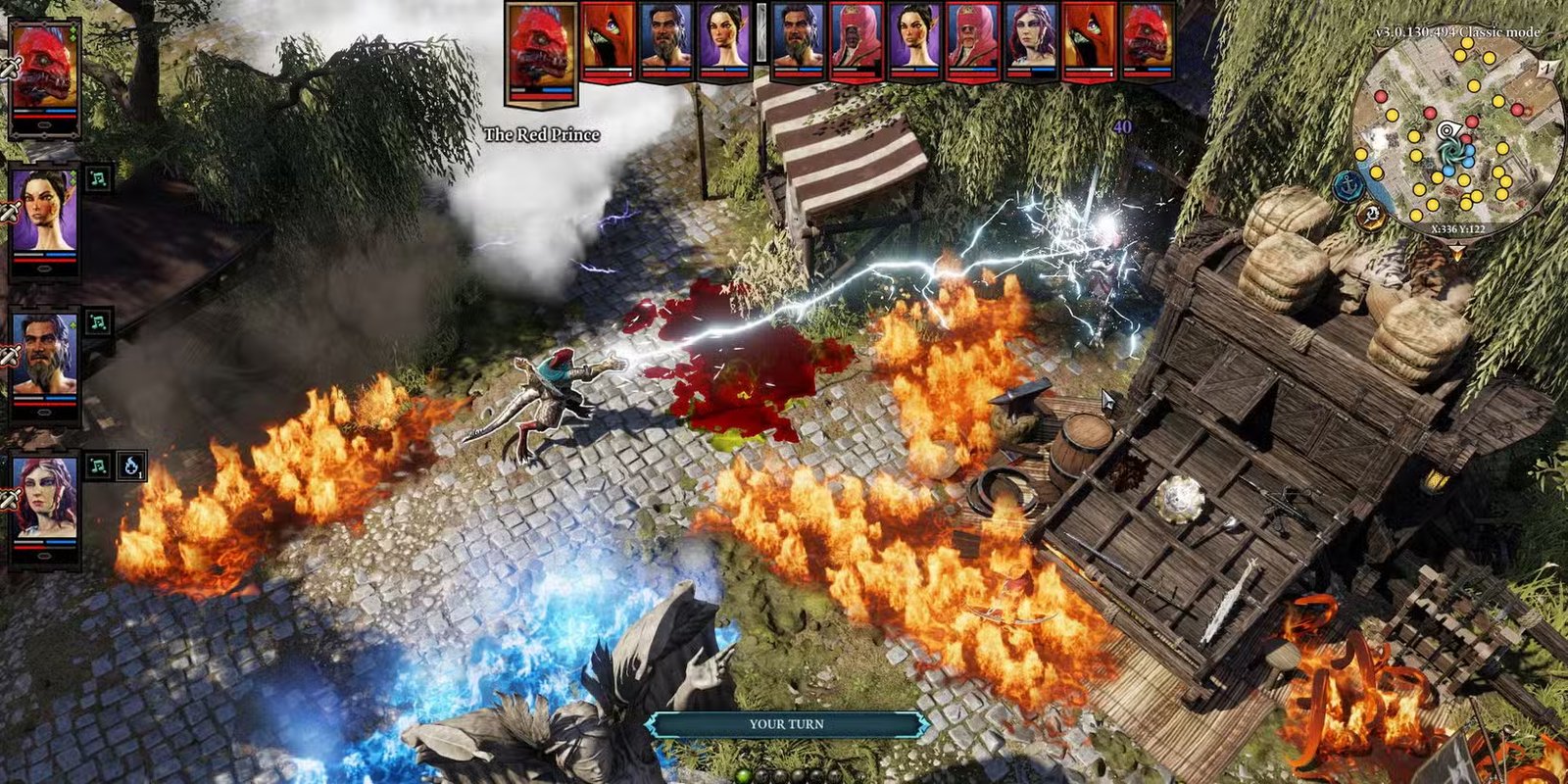 يقاتل اللاعب الأعداء باستخدام الصواعق بينما تنتشر النار عبر الأرض في Divinity: Original Sin 2.