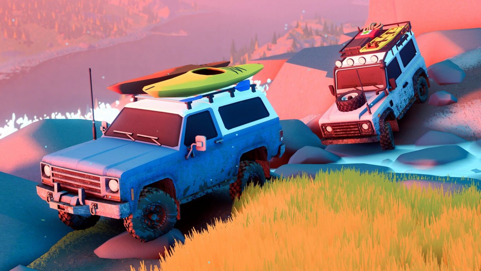 Over the Hill: لماذا قسمت مراجعتها آراء محبي القيادة الهادئة؟ 4x4s in Over the Hill cross a river with canoes on the roof